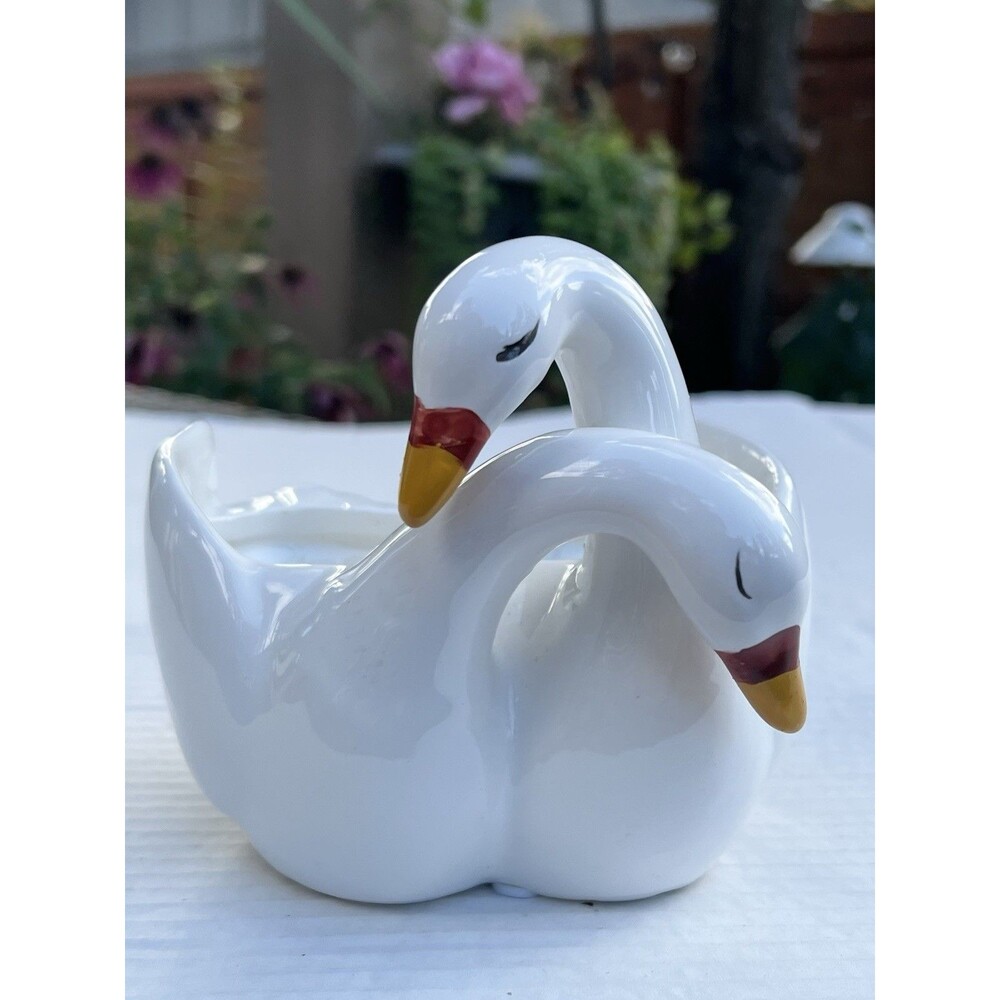 90's Vintage Double Hugging Loving White Swans Planter Bowl/Trinket Figurine